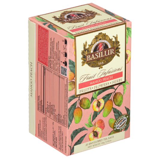 Bok opakowania herbaty Basilur Mango Peach z opisem i składem.