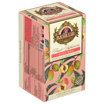 Bok opakowania herbaty Basilur Mango Peach z opisem i składem.