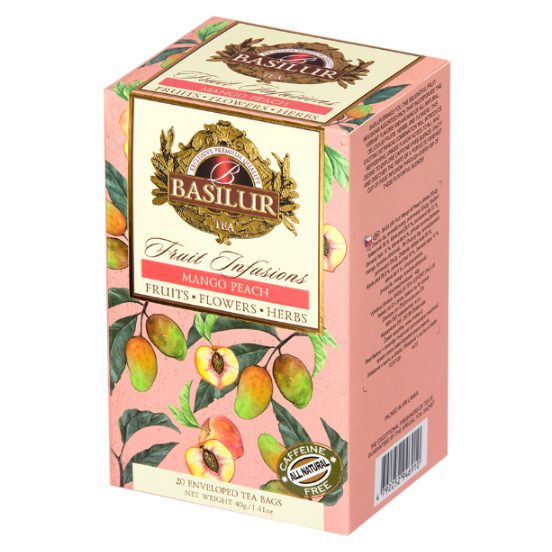 Opakowanie herbaty Basilur Mango Peach – naturalna herbata owocowa z mango i brzoskwinią.