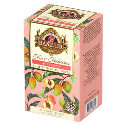 Opakowanie herbaty Basilur Mango Peach – naturalna herbata owocowa z mango i brzoskwinią.