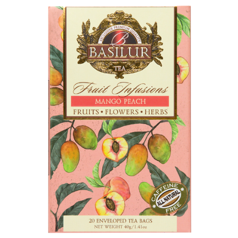 Front opakowania Basilur Mango Peach – herbata z mango i brzoskwinią z kolekcji Fruit Infusions.