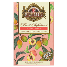 Front opakowania Basilur Mango Peach – herbata z mango i brzoskwinią z kolekcji Fruit Infusions.