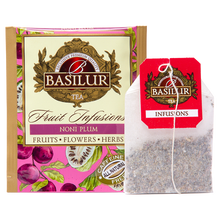 Saszetka i torebka herbaty Basilur Noni Plum – aromatyczna herbata owocowa z noni i śliwką.