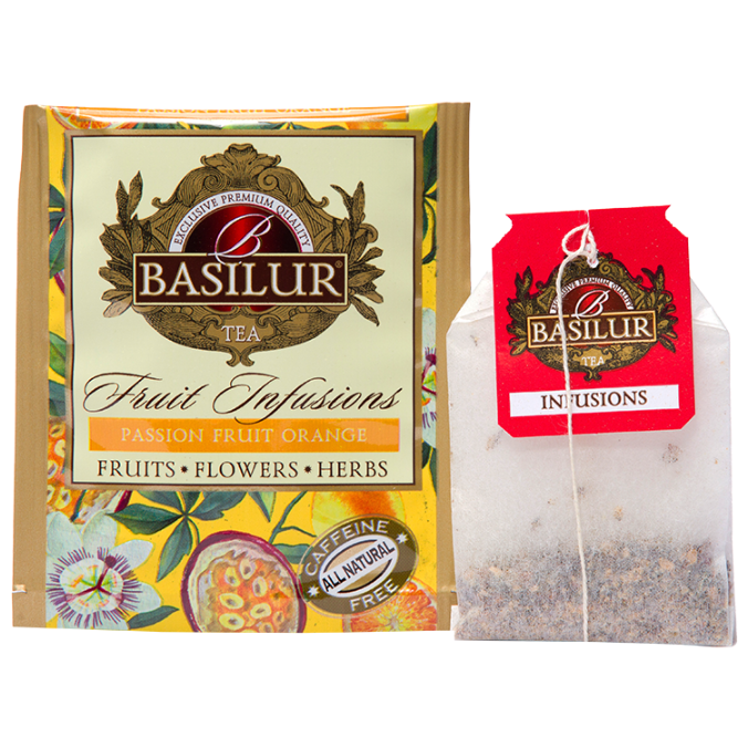 Saszetka i torebka herbaty Basilur Passion Fruit Orange – aromatyczna herbata z marakują i pomarańczą.