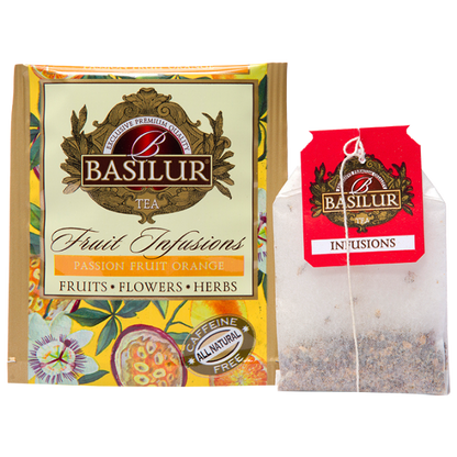 Saszetka i torebka herbaty Basilur Passion Fruit Orange – aromatyczna herbata z marakują i pomarańczą.