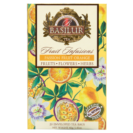 Front opakowania Basilur Passion Fruit Orange – naturalna herbata owocowa z kolekcji Fruit Infusions.