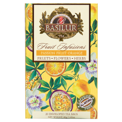 Front opakowania Basilur Passion Fruit Orange – naturalna herbata owocowa z kolekcji Fruit Infusions.