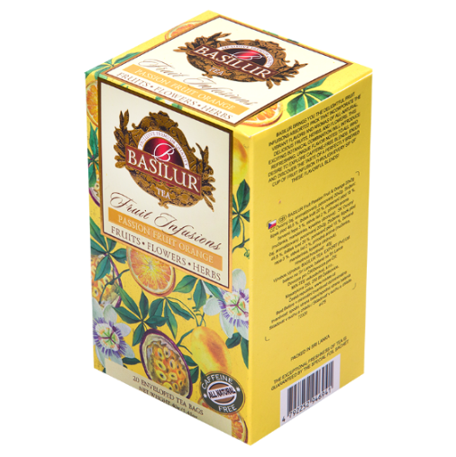 Tył opakowania Basilur Passion Fruit Orange z opisem i składem.