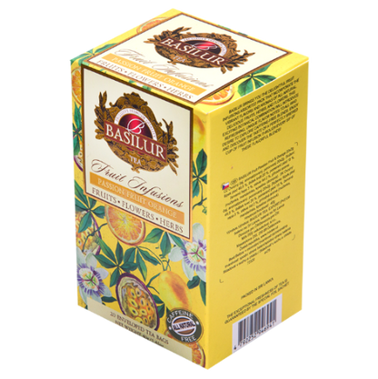 Tył opakowania Basilur Passion Fruit Orange z opisem i składem.
