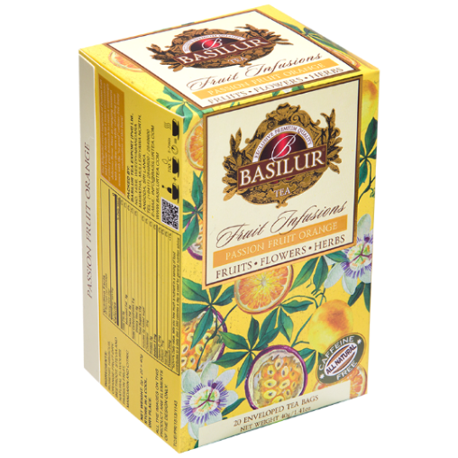Bok opakowania herbaty Basilur Passion Fruit Orange – aromatyczny napar z marakują i pomarańczą.