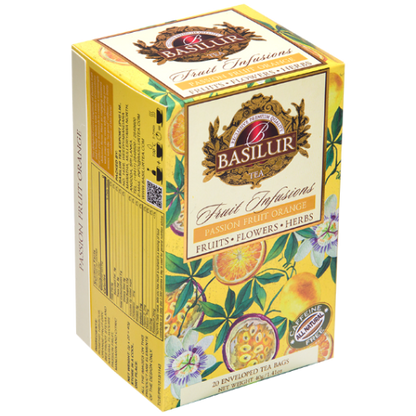 Bok opakowania herbaty Basilur Passion Fruit Orange – aromatyczny napar z marakują i pomarańczą.
