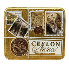 Widok z góry na puszkę z herbatą Basilur present Ceylon