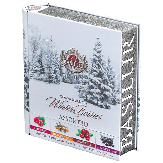 Puszka w kształcie książki Basilur Winter Berries z zimowym motywem.