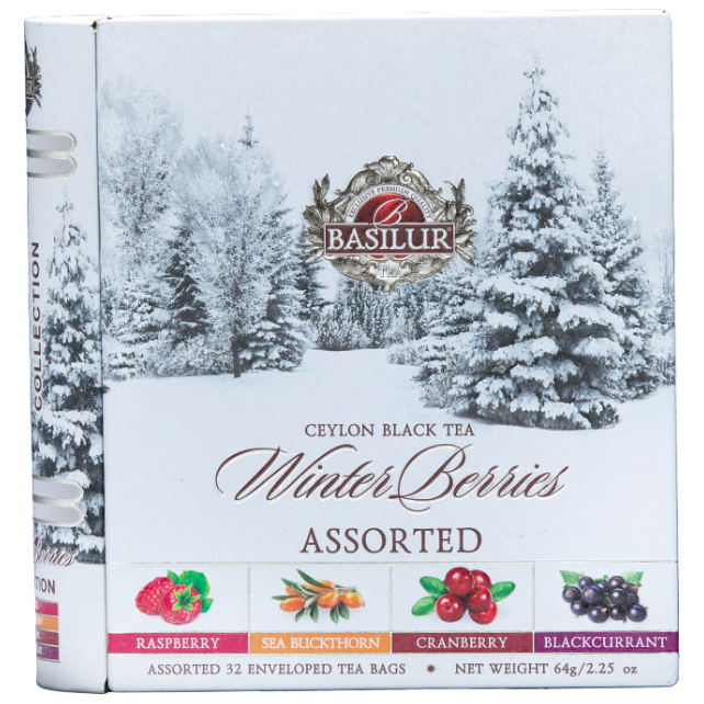 Front opakowania Basilur Winter Berries z owocami i zimowym krajobrazem.