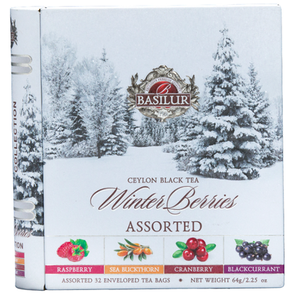 Front opakowania Basilur Winter Berries z owocami i zimowym krajobrazem.