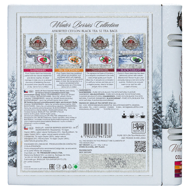 Tył opakowania Basilur Winter Berries z opisem smaków i składników.