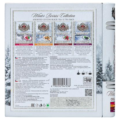 Tył opakowania Basilur Winter Berries z opisem smaków i składników.