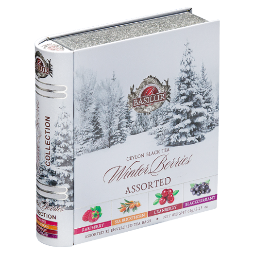 Bok puszki Basilur Winter Berries z eleganckim logo producenta.