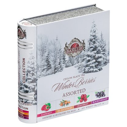 Bok puszki Basilur Winter Berries z eleganckim logo producenta.