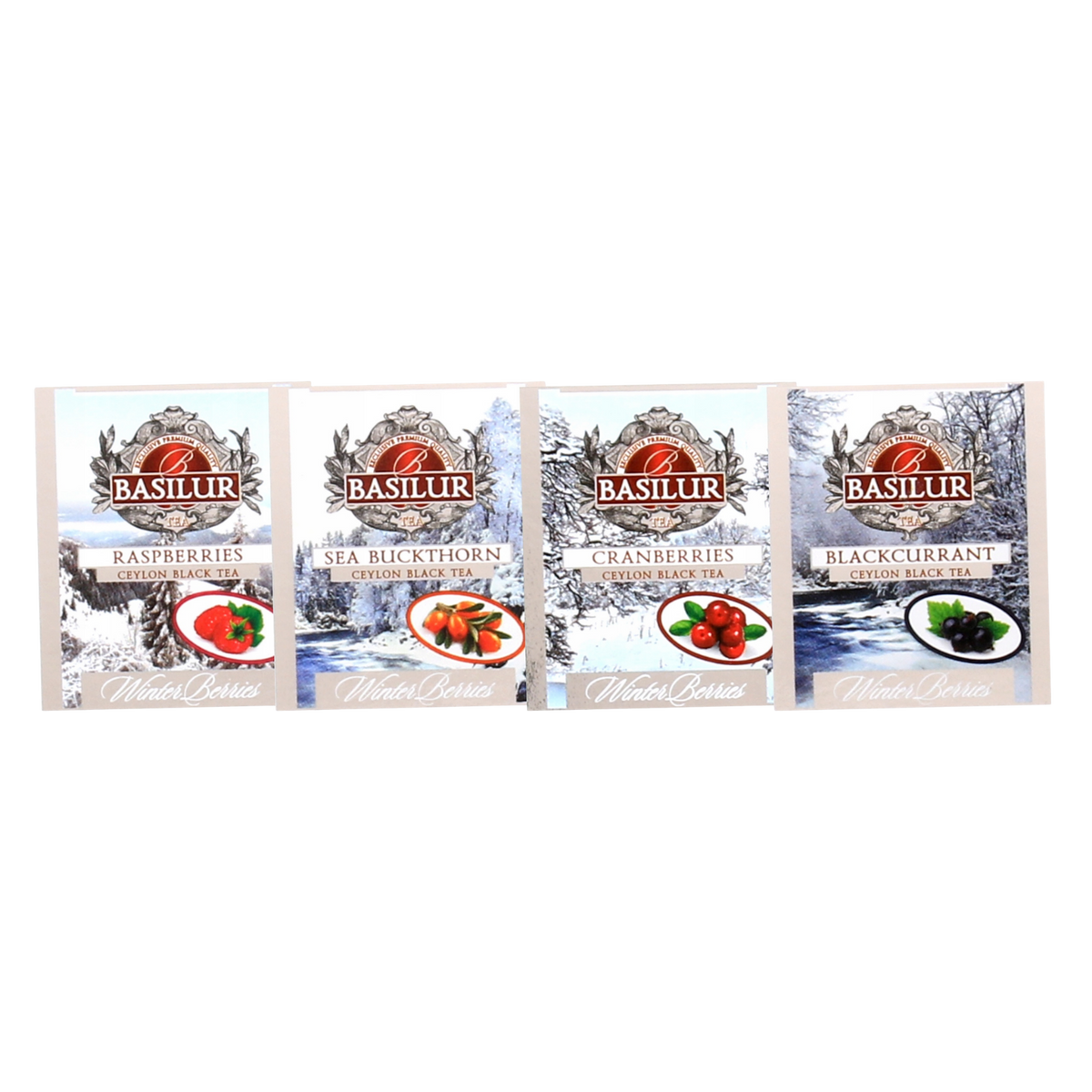 Cztery koperty zestawu herbat basilur winter berries.