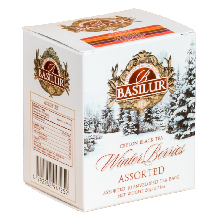 Opakowanie Basilur Winter Berries przedstawione pod kątem z widocznymi informacjami o mieszankach.