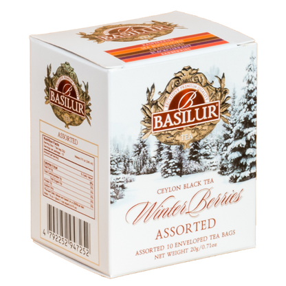 Opakowanie Basilur Winter Berries przedstawione pod kątem z widocznymi informacjami o mieszankach.