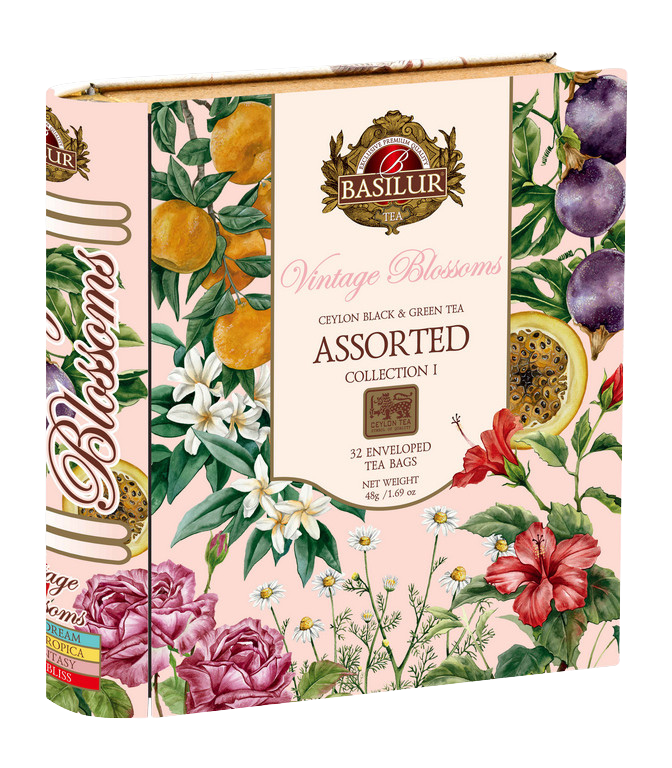 Herbata Basilur Vintage Blossoms Collection I w ozdobnym pudełku z motywem kwiatów i owoców.