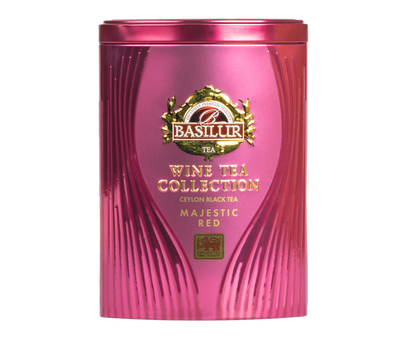 Herbata Basilur Majestic Red w bordowej puszce, czarna herbata cejlońska z kolekcji Wine Tea.