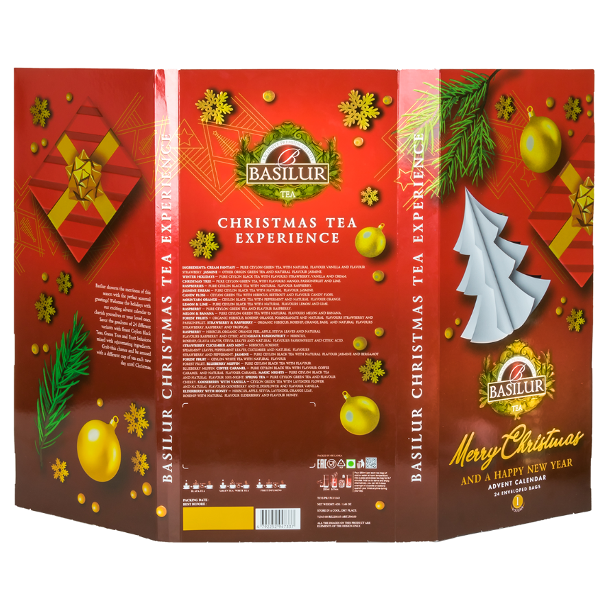 Tył opakowania Basilur Christmas Advent Calendar VI z opisem smaków i dekoracjami świątecznymi.