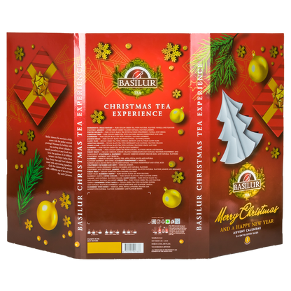 Tył opakowania Basilur Christmas Advent Calendar VI z opisem smaków i dekoracjami świątecznymi.