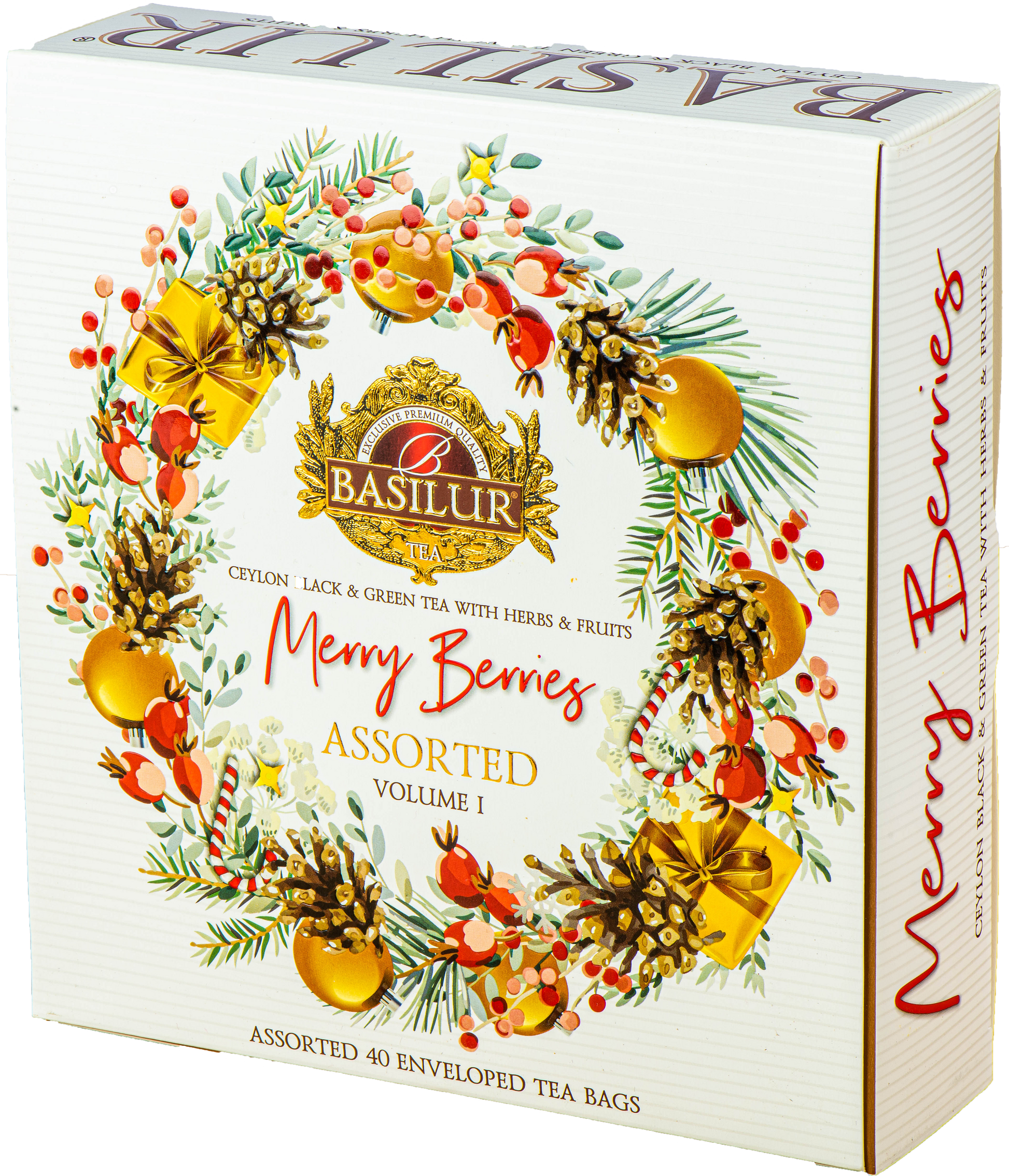 Zestaw herbat Basilur Merry Berries vol. I, eleganckie opakowanie z motywem świątecznego wieńca.