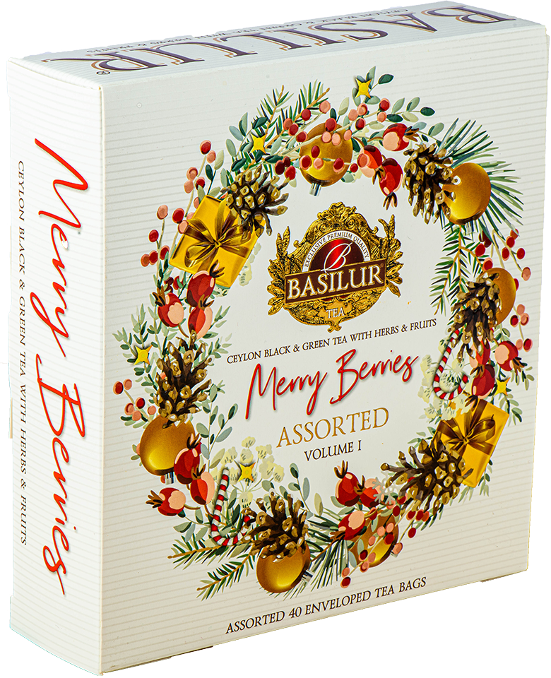 Herbata Basilur Merry Berries vol. I w ozdobnym świątecznym pudełku, czarna i zielona herbata z owocami.