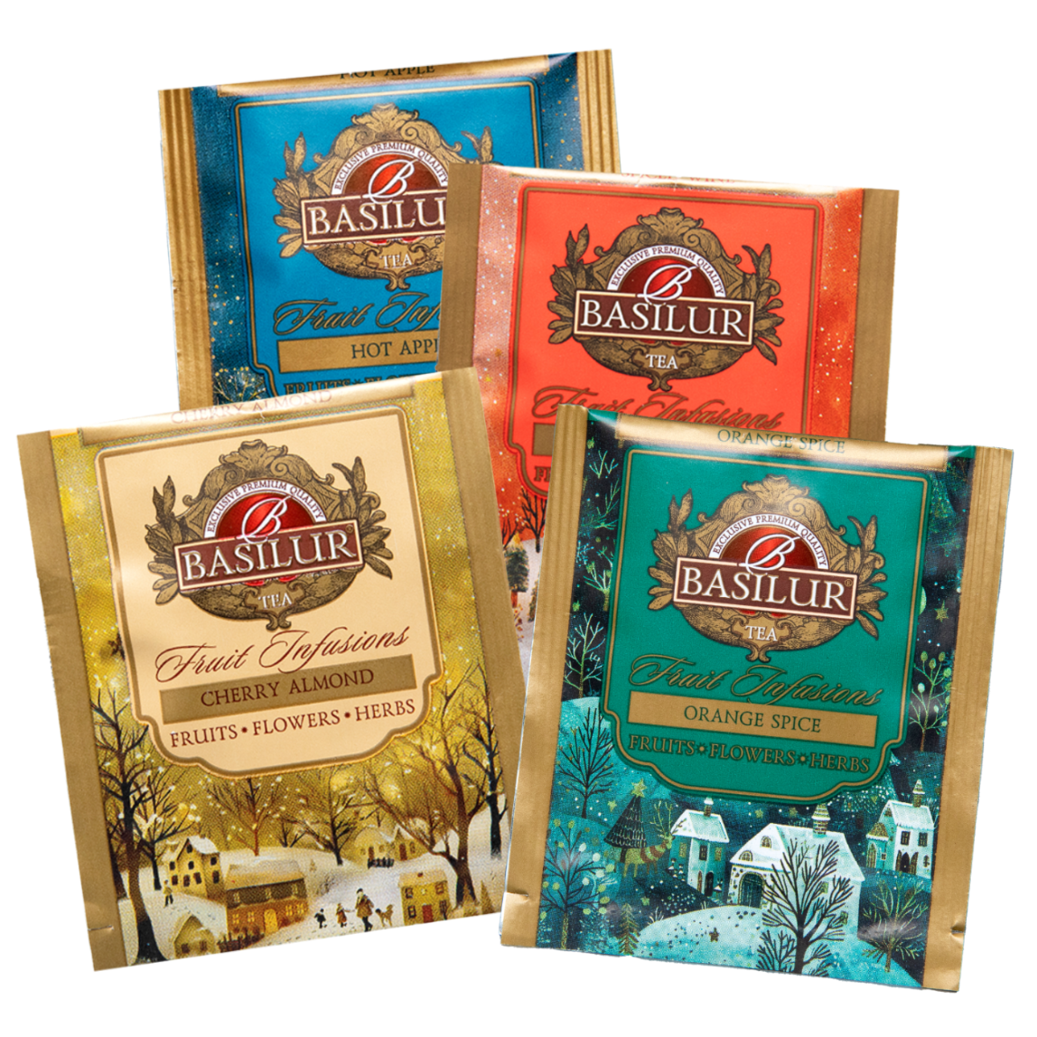 Zestaw torebek herbat Basilur Fruit Infusions – smaki Cherry Almond, Hot Apple, Spiced Wine i Orange Spice.