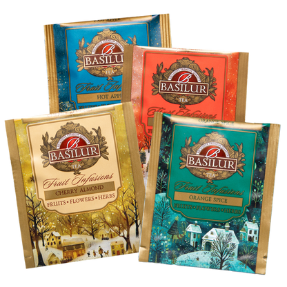Zestaw torebek herbat Basilur Fruit Infusions – smaki Cherry Almond, Hot Apple, Spiced Wine i Orange Spice.