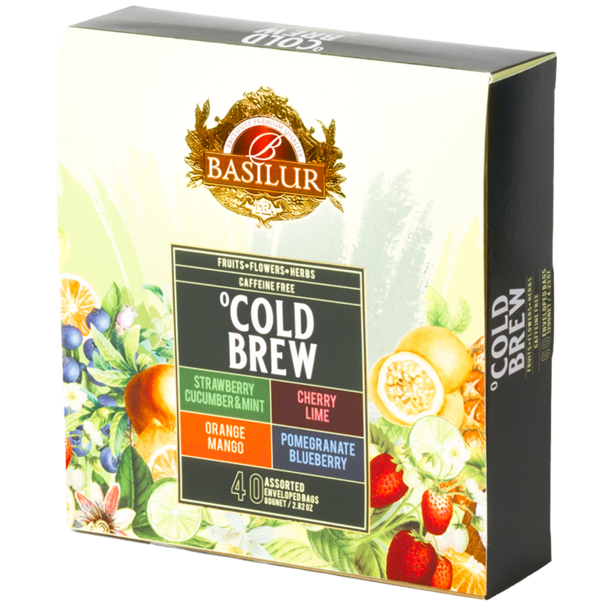 Opakowanie herbat Basilur Cold Brew – zestaw 40 saszetek smakowych do parzenia na zimno.
