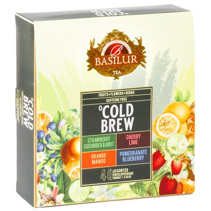 Front opakowania Basilur Cold Brew z czterema smakami herbat owocowych bez kofeiny.