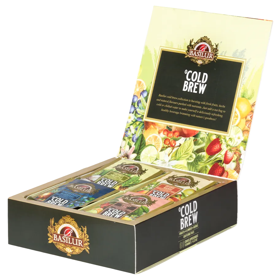Otwarty zestaw Basilur Cold Brew z widocznymi różnymi smakami herbat w kolorowych kopertkach.