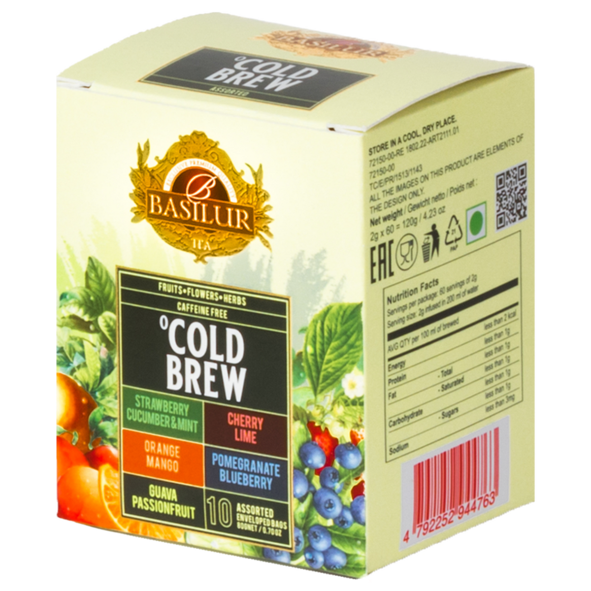Bok opakowania Basilur Cold Brew z informacjami o składzie i wartościach odżywczych.