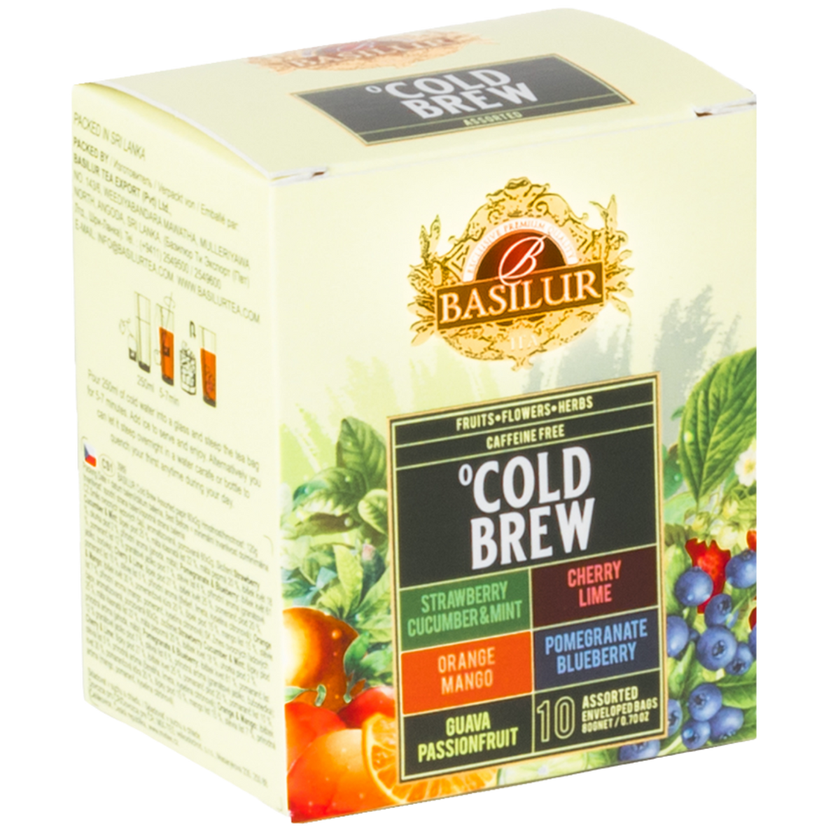 Przód opakowania Basilur Cold Brew z listą smaków herbat owocowych bez kofeiny.