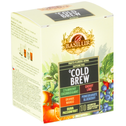 Przód opakowania Basilur Cold Brew z listą smaków herbat owocowych bez kofeiny.