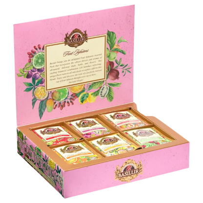 Otwarty zestaw herbat Basilur Fruit Infusions vol. II z owocowymi naparami w kopertach.