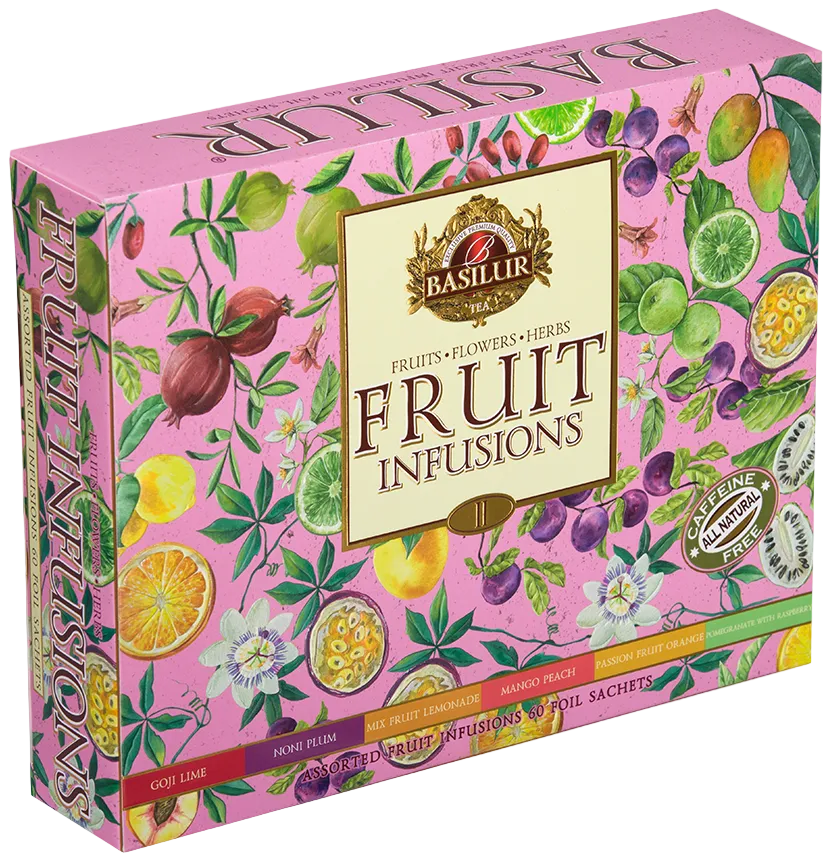 Opakowanie Basilur Fruit Infusions vol. II z kolorową grafiką owoców.