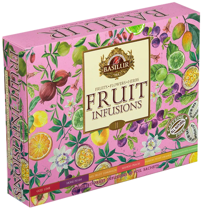 Opakowanie Basilur Fruit Infusions vol. II z kolorową grafiką owoców.