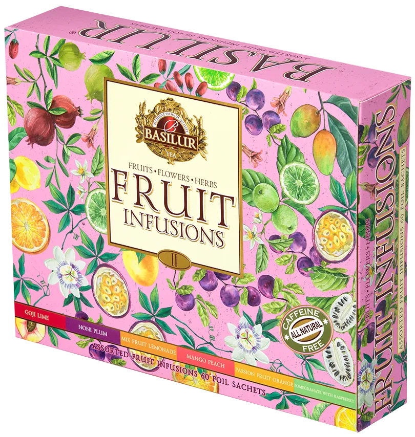 Pudełko herbat Basilur Fruit Infusions vol. II w różowym kolorze widoczne z boku.