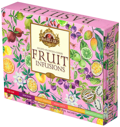 Pudełko herbat Basilur Fruit Infusions vol. II w różowym kolorze widoczne z boku.