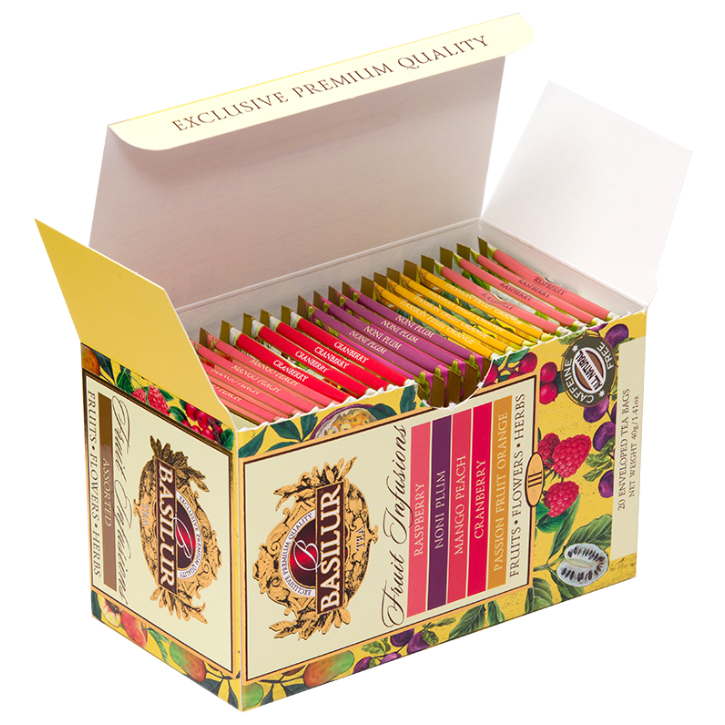 Otwarta herbata Basilur Fruit Infusions Vol. III z kolorowymi kopertkami różnych smaków.