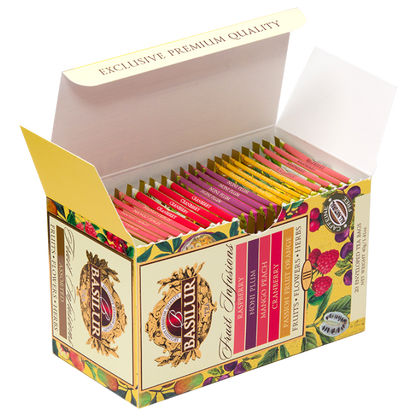Otwarta herbata Basilur Fruit Infusions Vol. III z kolorowymi kopertkami różnych smaków.