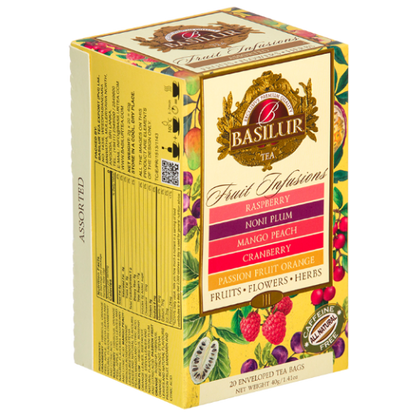 Bok opakowania Basilur Fruit Infusions Vol. III z opisem smaków i składem herbaty.