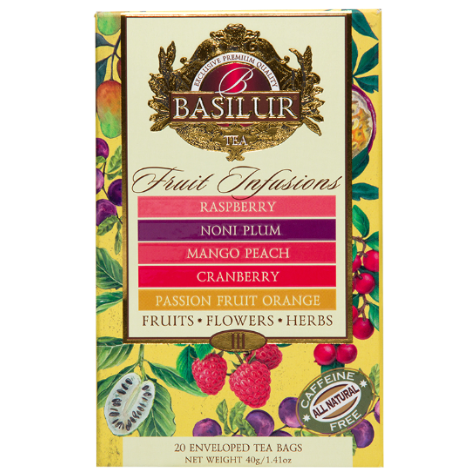 Front pudełka Basilur Fruit Infusions Vol. III z listą smaków i owocową grafiką.