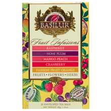 Front pudełka Basilur Fruit Infusions Vol. III z listą smaków i owocową grafiką.